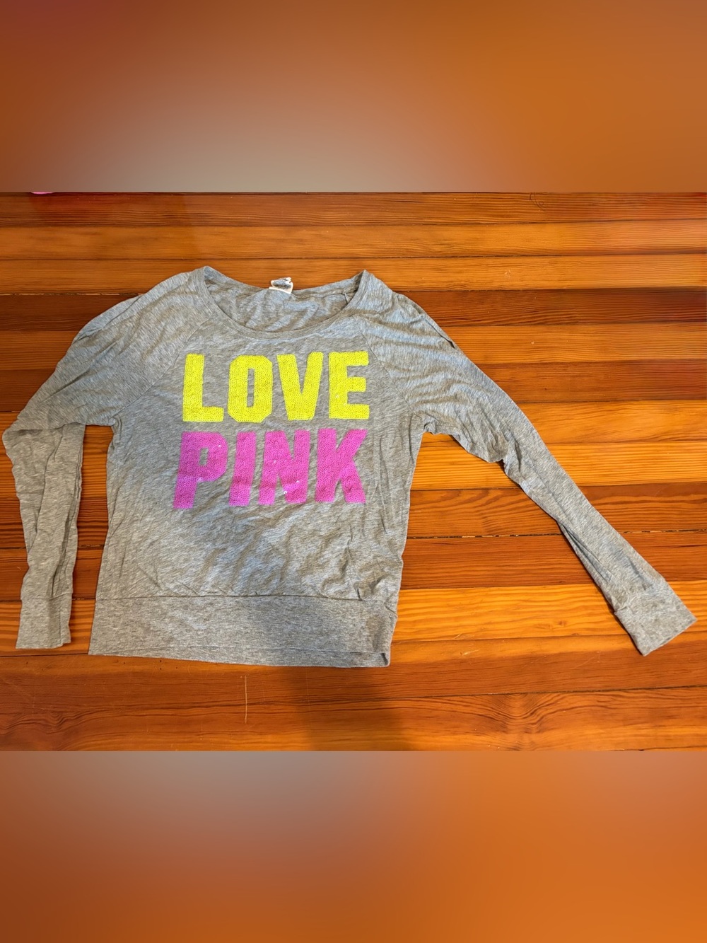 Vintage LOVE PINK Grey scoop-neck with Yellow and Pink Logo